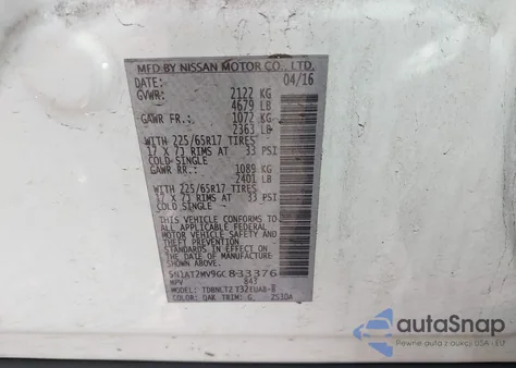 2016 Nissan Rogue Sv z USA, uszkodzony, nr VIN 5N1AT2MV9GC833376